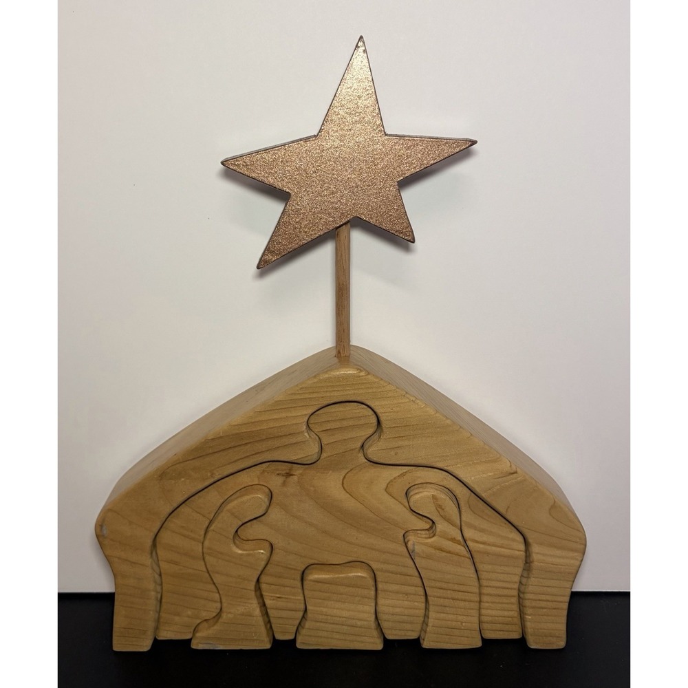 Wooden Handmade Nativity Manger Stable Scene Puzzle Mary Joseph‎ Baby Jesus